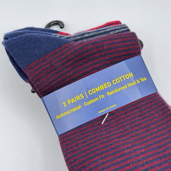 Polo Ralph Lauren Crew Navy Blue Red Striped 3 Pairs Combed Cotton Socks Men’s - Picture 2 of 6